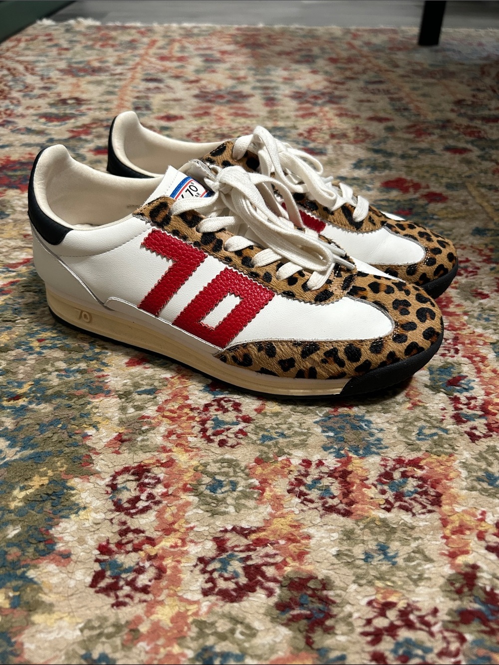 Back 70 Barkley Strike White Pony Sneakers with Leopard Trim and Red Accent